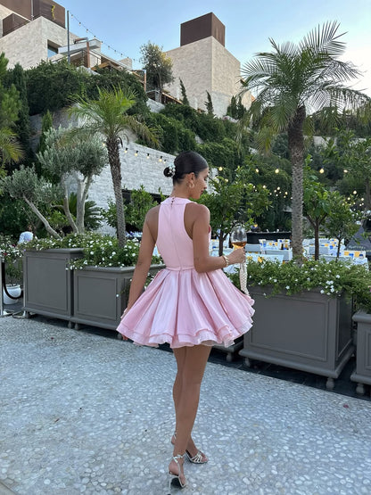 Graceful Pink Halter Homecoming Dress Sleeveless Mini with Flower YC0158
