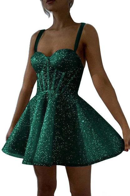 Hellodresses White Sequins Spaghetti Strap Sleeveless A Line Short Homecoming Dress