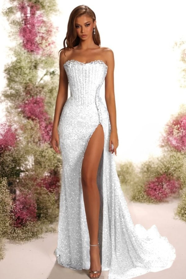 Strapless Sleeveless Long Split Prom Dress With Pleated Sequins ZT0541