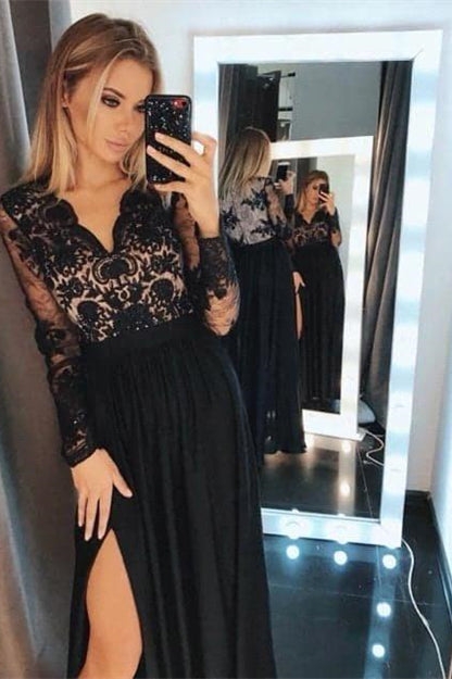 Black Satin V-Neck Long Sleeves Long Split Prom Dress with Embroidered PD0484