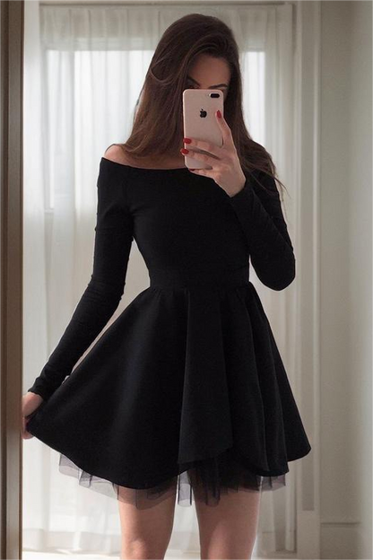 Black Spandex Off the Shoulder Long Sleeves A Line Homecoming Dress with Ruffles HC0046