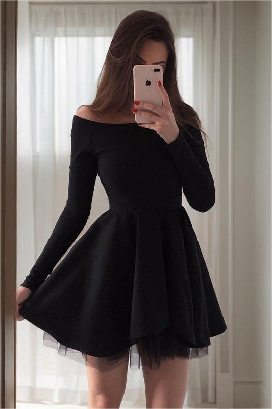 Black Spandex Off the Shoulder Long Sleeves A Line Homecoming Dress with Ruffles HC0046
