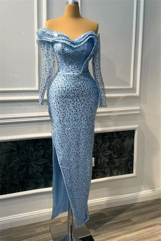 Blue Sweetheart Long Sleeves Split Prom Dress Mermaid With Beads | Zelldresses