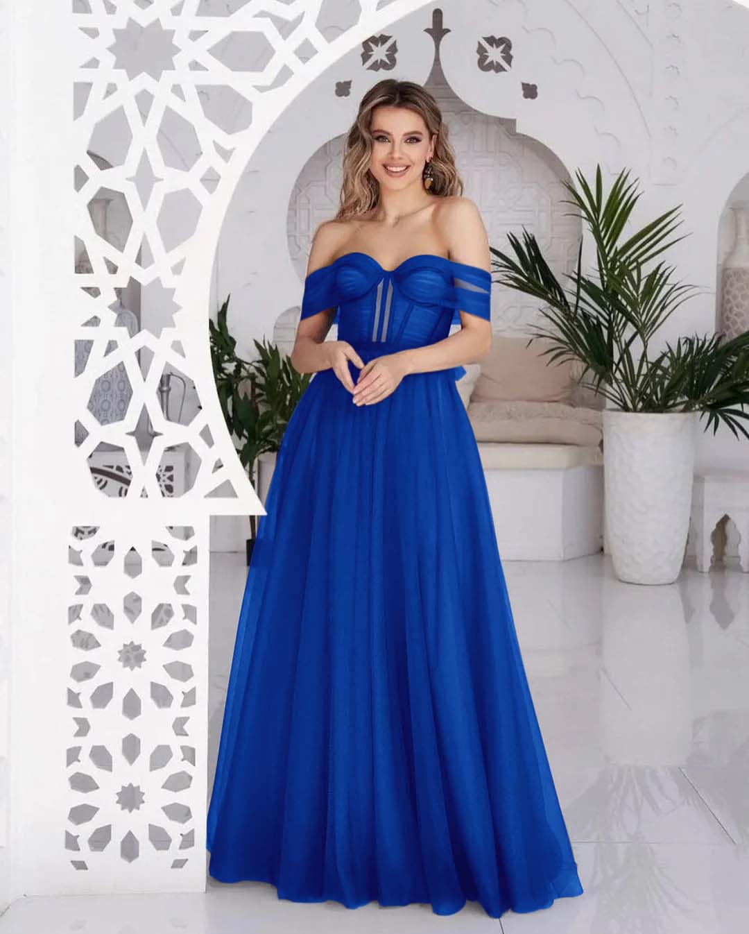 Hellodresses Tulle Off the Shoulder Sweetheart Sleeveless Royal Blue Prom Dress