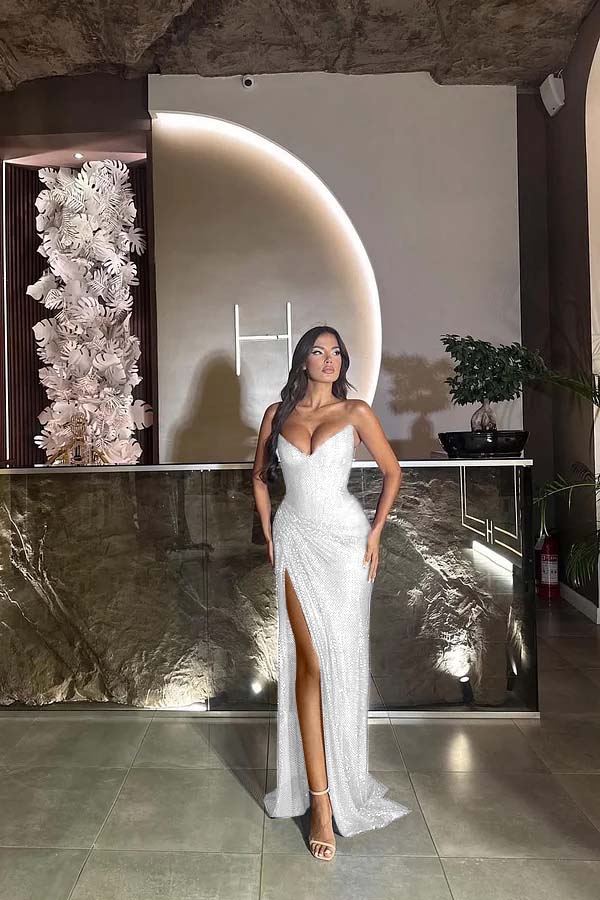 Sequin Strapless Sleeveless Long Split Prom Dress With Pleated ZT0524