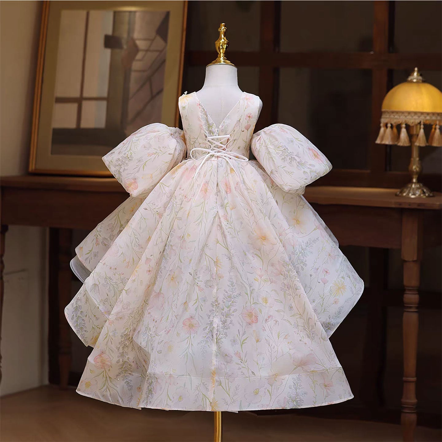 Trailing Beige Princess Flower Girl Dress Wedding Party D129