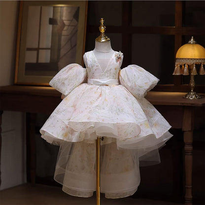Trailing Beige Princess Flower Girl Dress Wedding Party D129