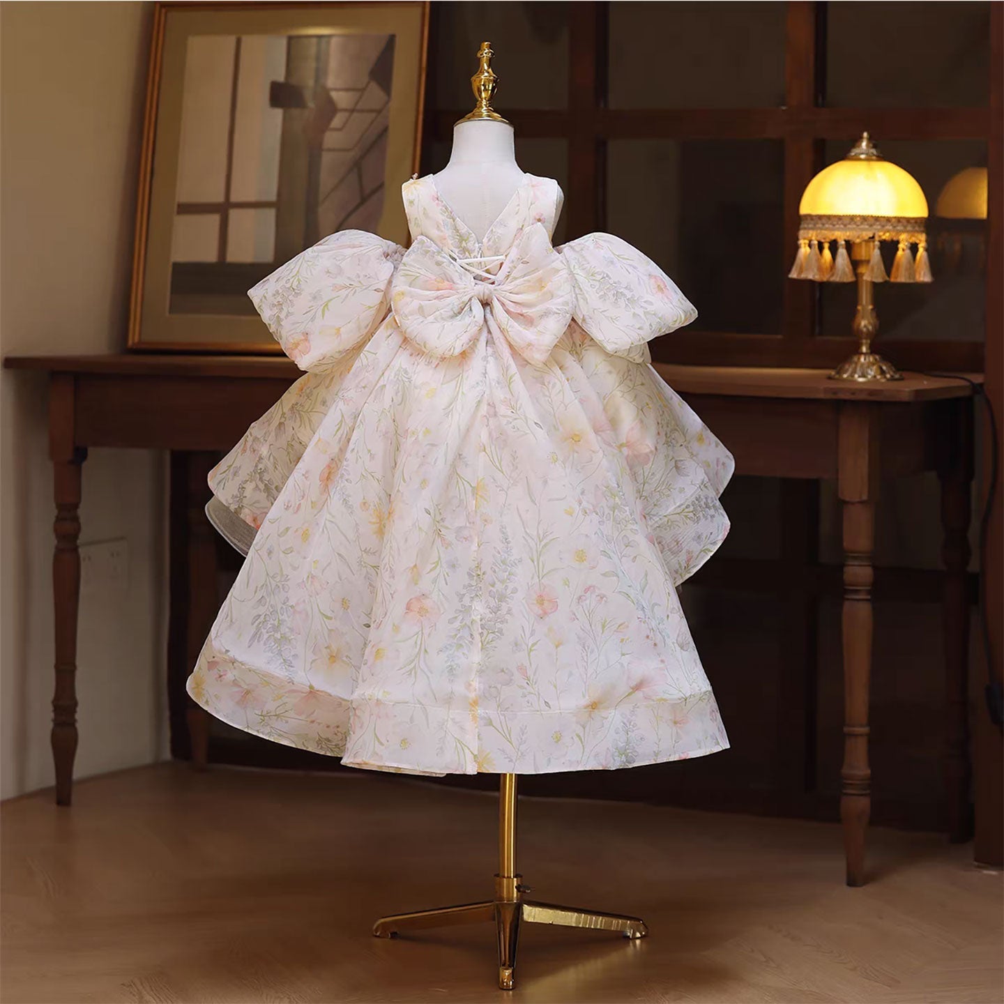 Trailing Beige Princess Flower Girl Dress Wedding Party D129