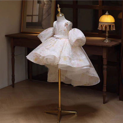 Trailing Beige Princess Flower Girl Dress Wedding Party D129