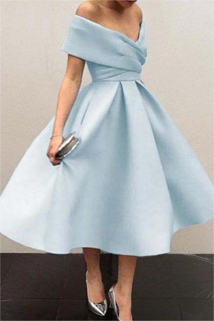 Sky Blue Satin V Neck Off the Shoulder Sleeveless A Line Homecoming Dress HC0043