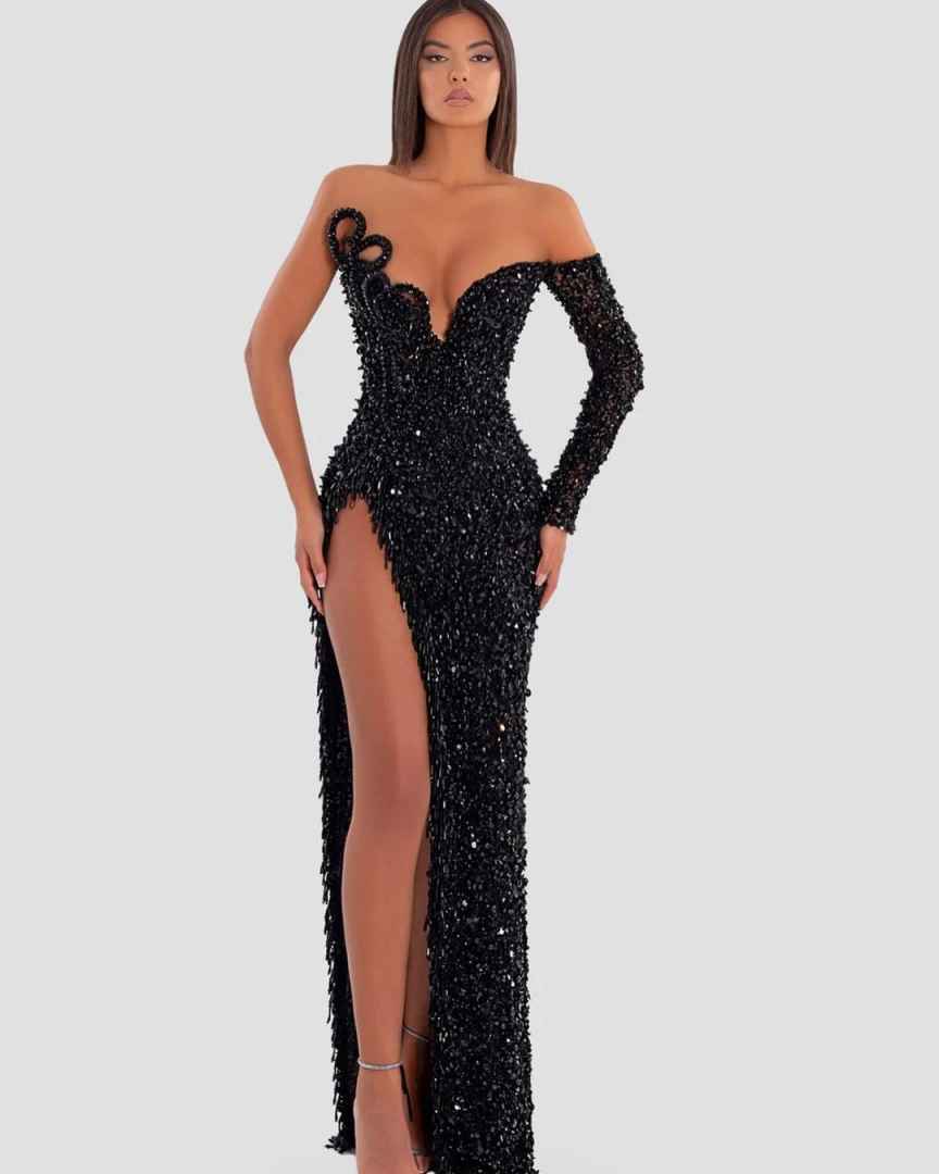 Gorgeous Black Sequins One-Shoulder Beaded Split Prom Dress MM0089