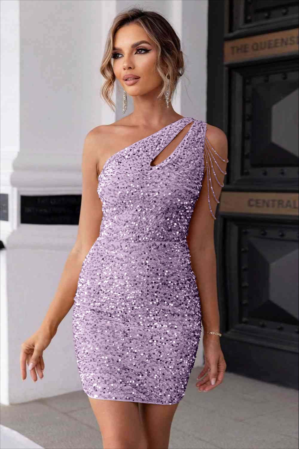 Sexy Champagne Sequins One Shoulder Short Homecoming Dress With Beadings HC0029