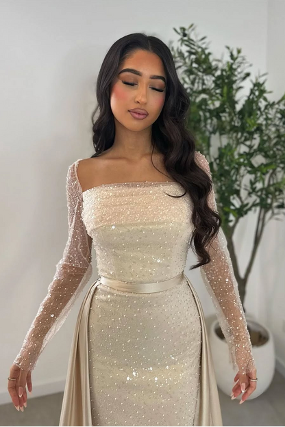 Long Sleeves Square Neck Long Mermaid Prom Dress With Beading HS0005