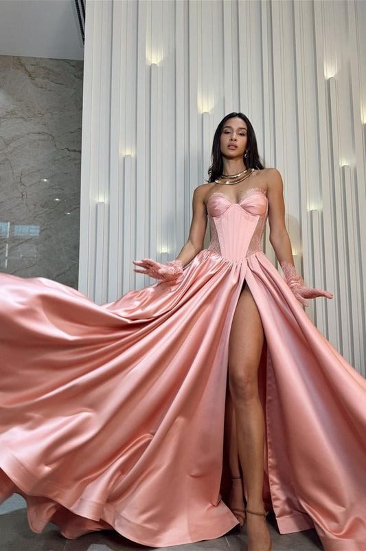 Amazing Pink Satin Strapless Sleeveless Sweetheart Lace Split Prom Dress with Gloves | Zelldresses