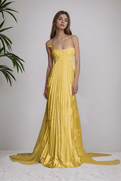 Stunning Spaghetti-Straps Pleated Sheath Appliques Prom Dress With Detachable Train XJ0176