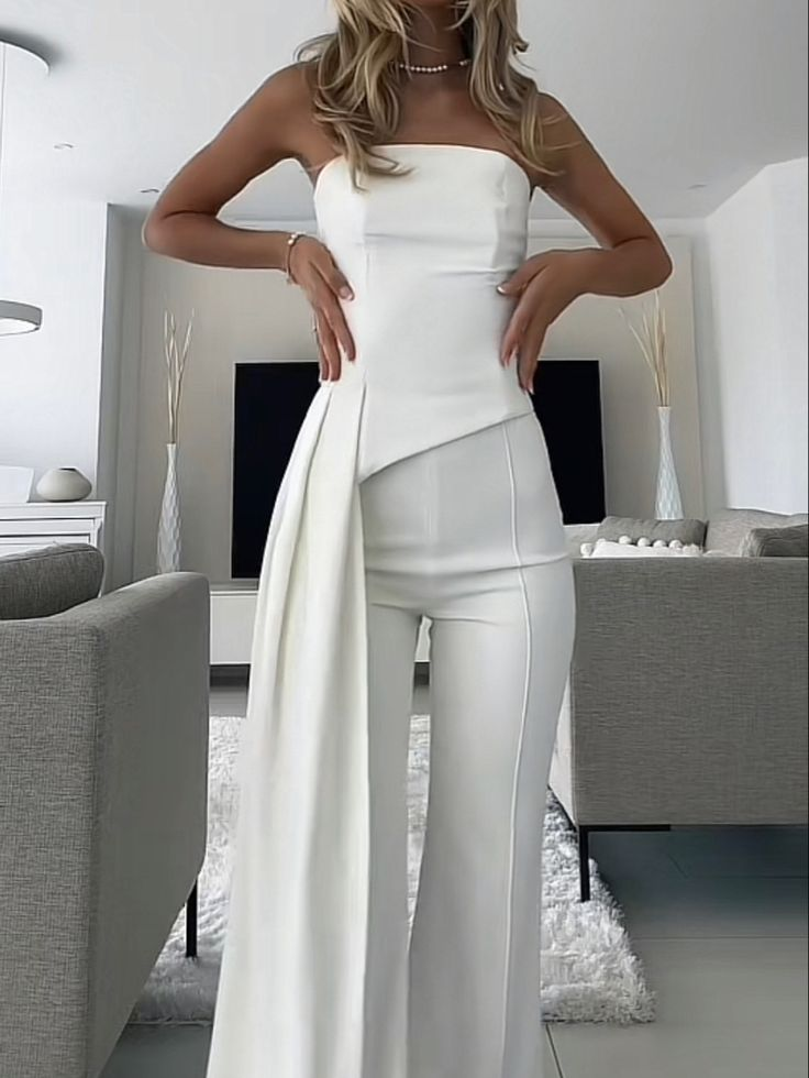 Hellodresses Charming White Satin Strapless Sleeveless High Waist Long Jumpsuit with Train