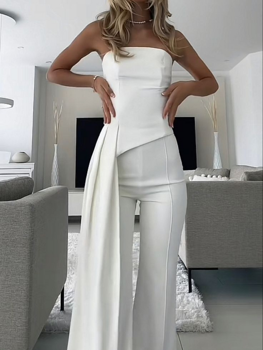 Hellodresses Charming White Satin Strapless Sleeveless High Waist Long Jumpsuit with Train