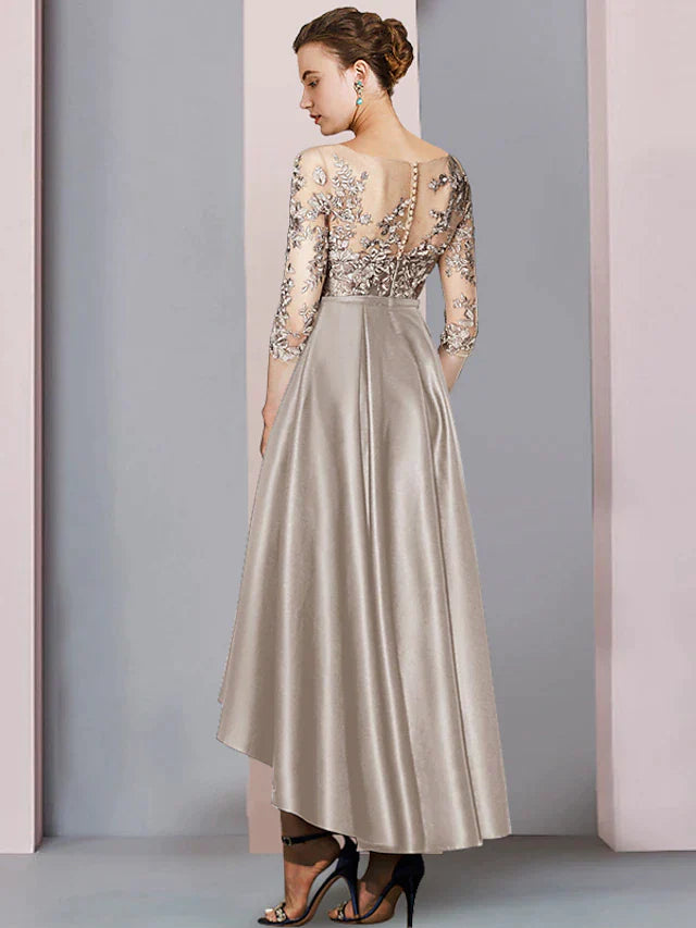 A-Line Mother of the Bride Dress Wedding Guest Elegant High Low Scoop Neck Asymmetrical Tea Length Satin Lace Half Sleeve with Pleats Appliques