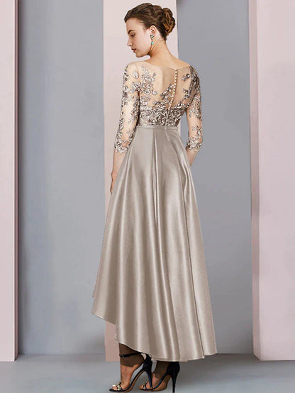 A-Line Mother of the Bride Dress Wedding Guest Elegant High Low Scoop Neck Asymmetrical Tea Length Satin Lace Half Sleeve with Pleats Appliques