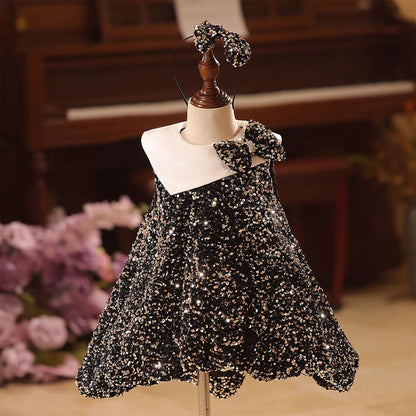 Classic Black Party Dress with Shoulder Bow Flower Girl Dress D141