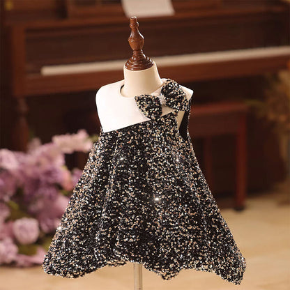 Classic Black Party Dress with Shoulder Bow Flower Girl Dress D141