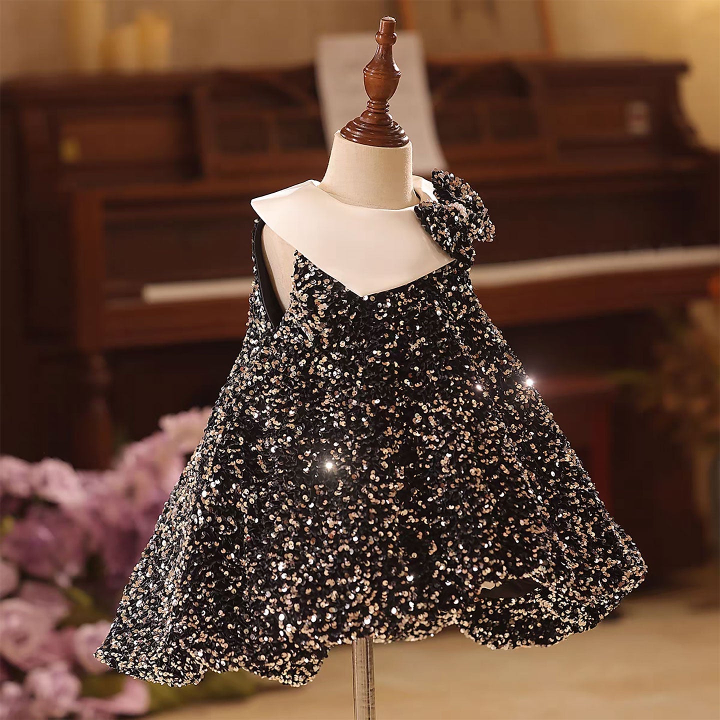 Classic Black Party Dress with Shoulder Bow Flower Girl Dress D141