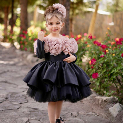Pink Rose Flower Girl Dress with Black Tulle Toddler Birthday D134