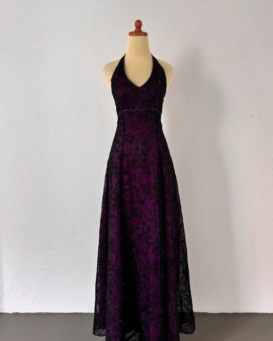 zelldressess--Dark Purple Vintage Exquisite Floral Long Chiffon Prom Dress Homecoming Dress Fairy Dress gh5679