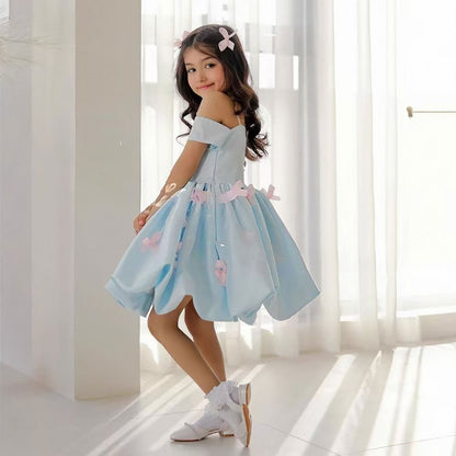 Off-Shoulder Bowed Satin Flower Girl Dress D082