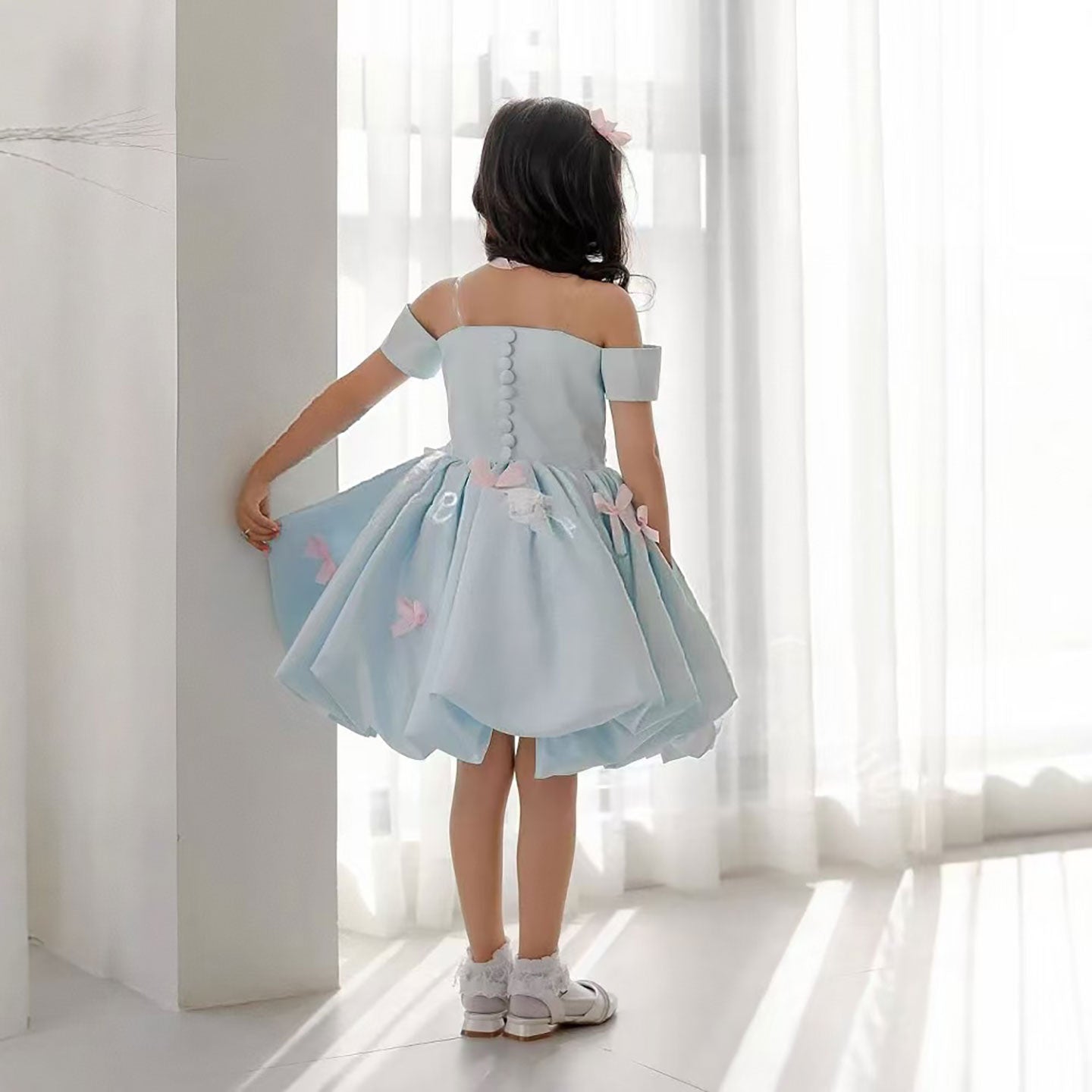 Off-Shoulder Bowed Satin Flower Girl Dress D082