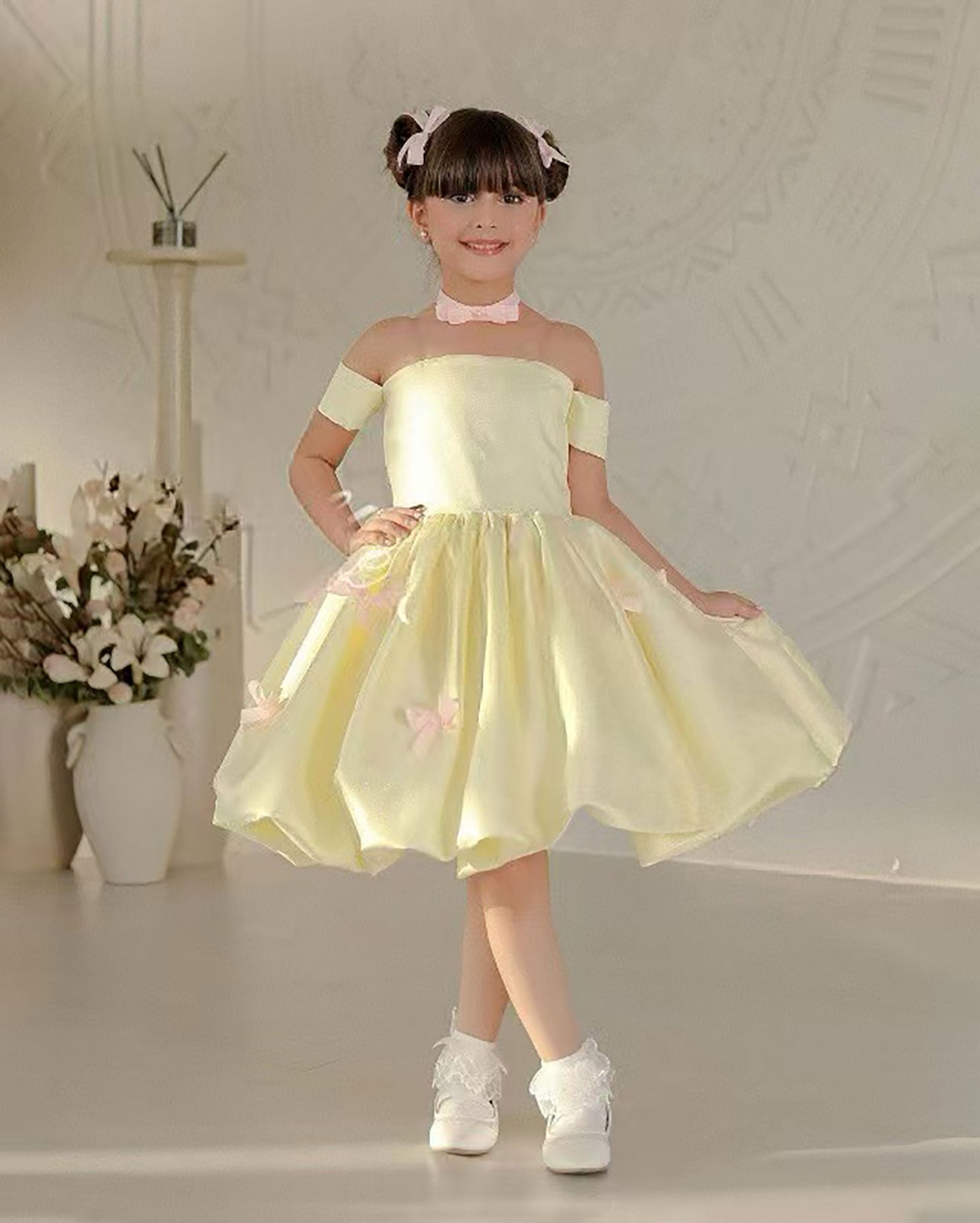 Off-Shoulder Bowed Satin Flower Girl Dress D082
