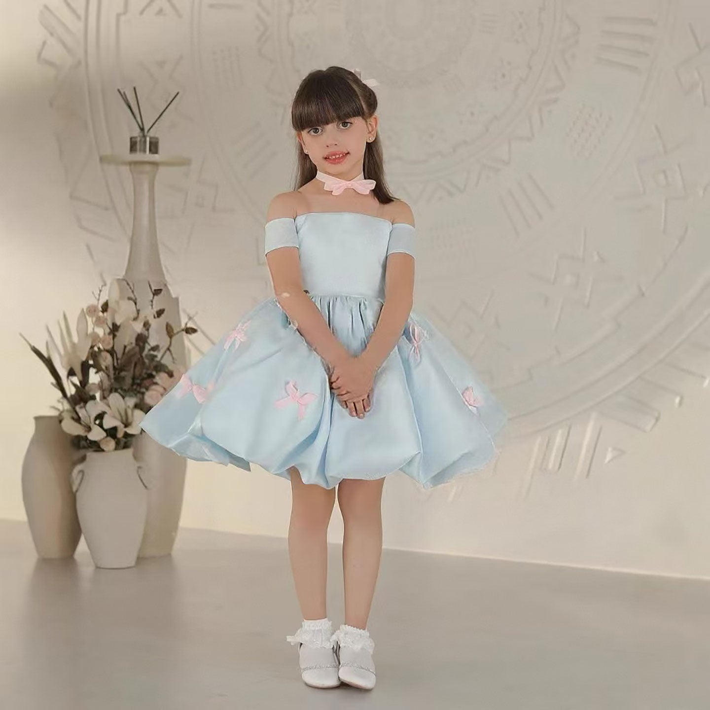 Off-Shoulder Bowed Satin Flower Girl Dress D082