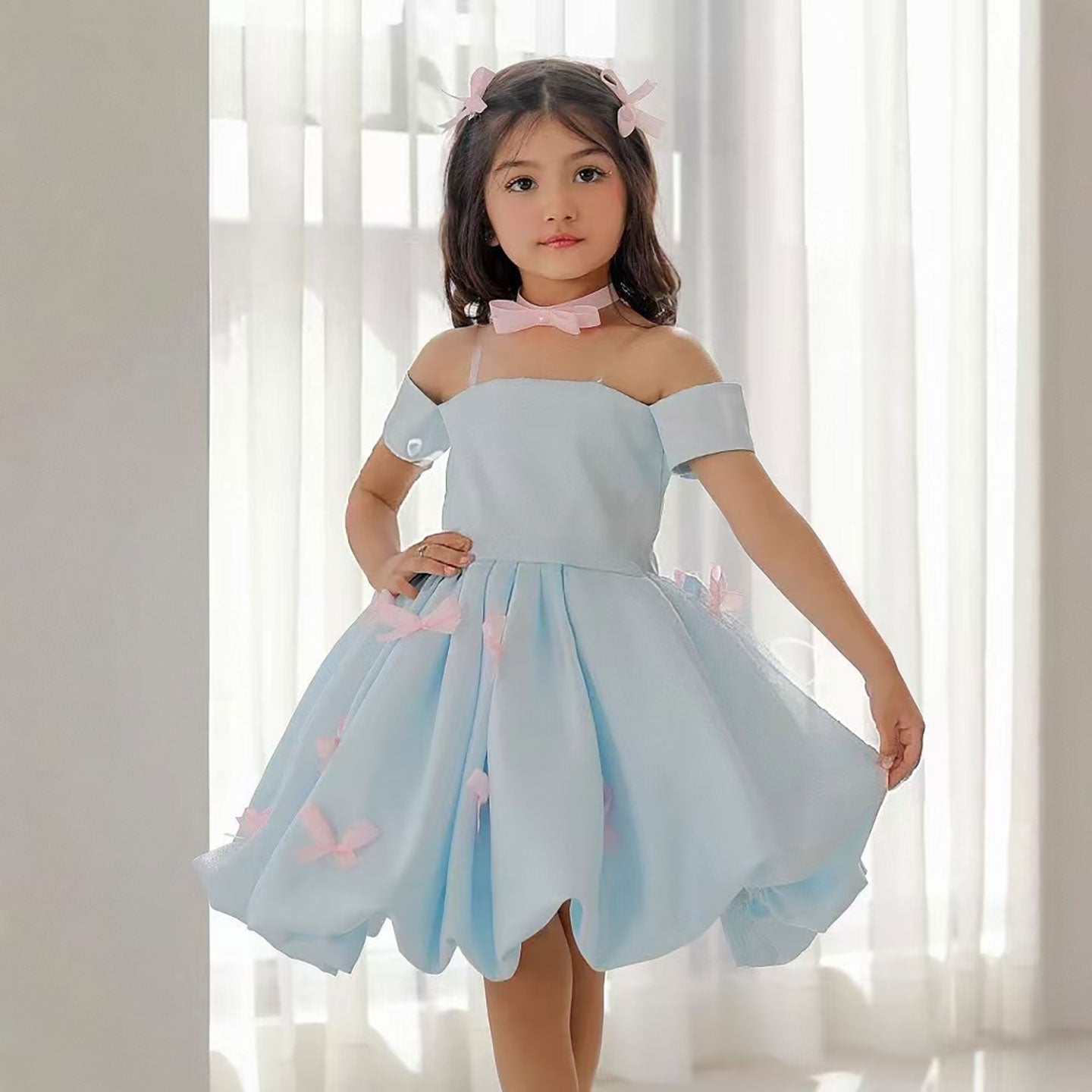Off-Shoulder Bowed Satin Flower Girl Dress D082