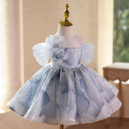 Blue Flower Girl Dress for Toddler Wedding Party Knee Length D132