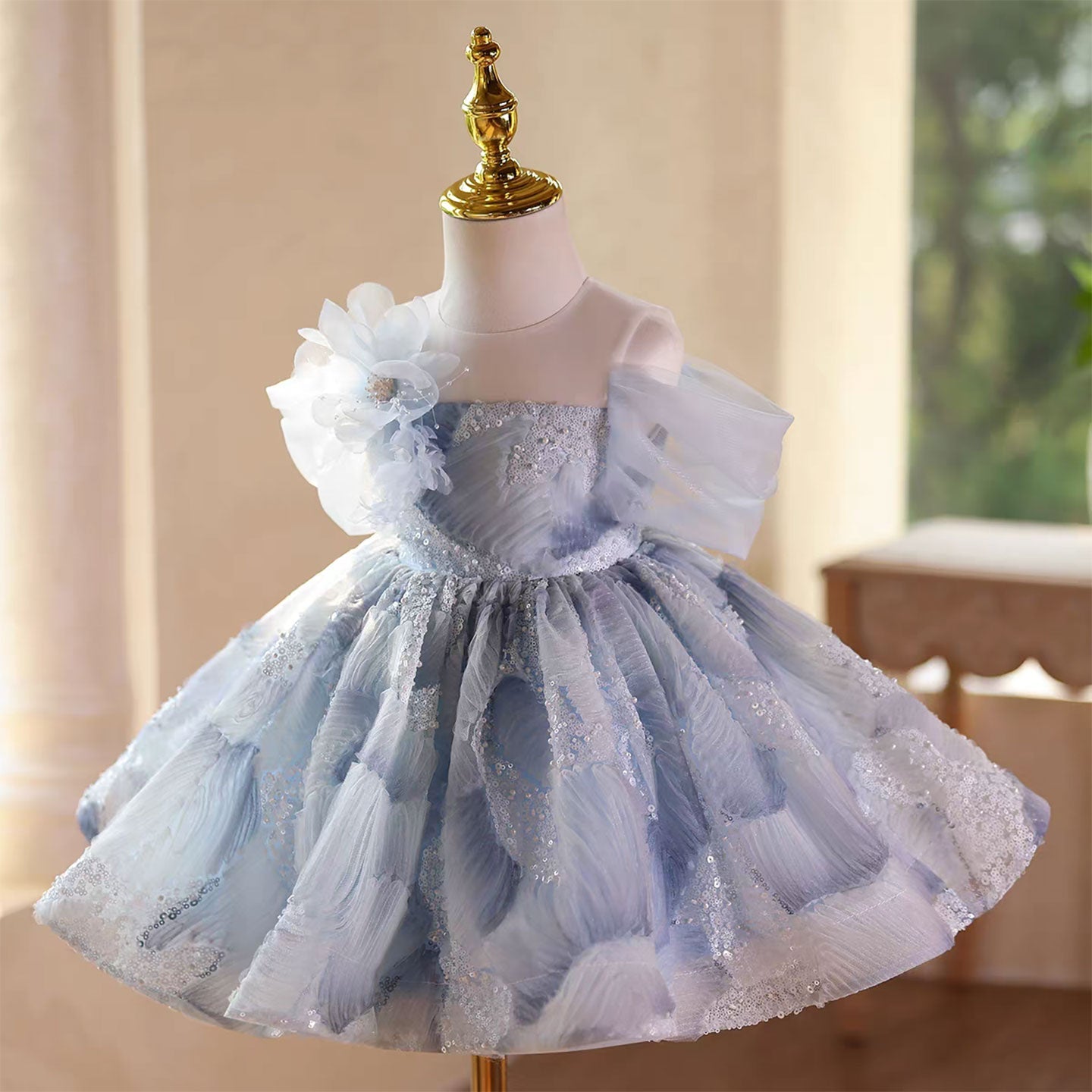 Blue Flower Girl Dress for Toddler Wedding Party Knee Length D132