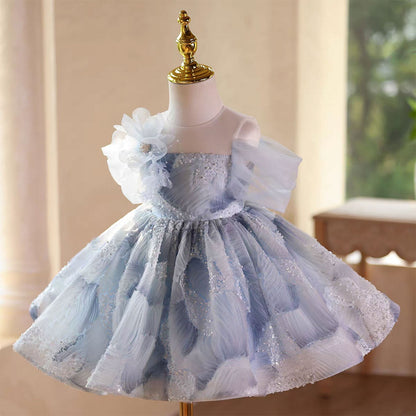 Blue Flower Girl Dress for Toddler Wedding Party Knee Length D132