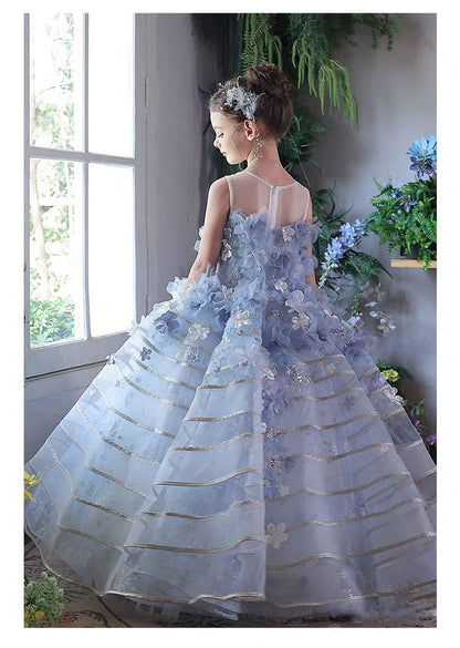 Dreamy Blue Princess Girl Dress with Floral Appliqués J160