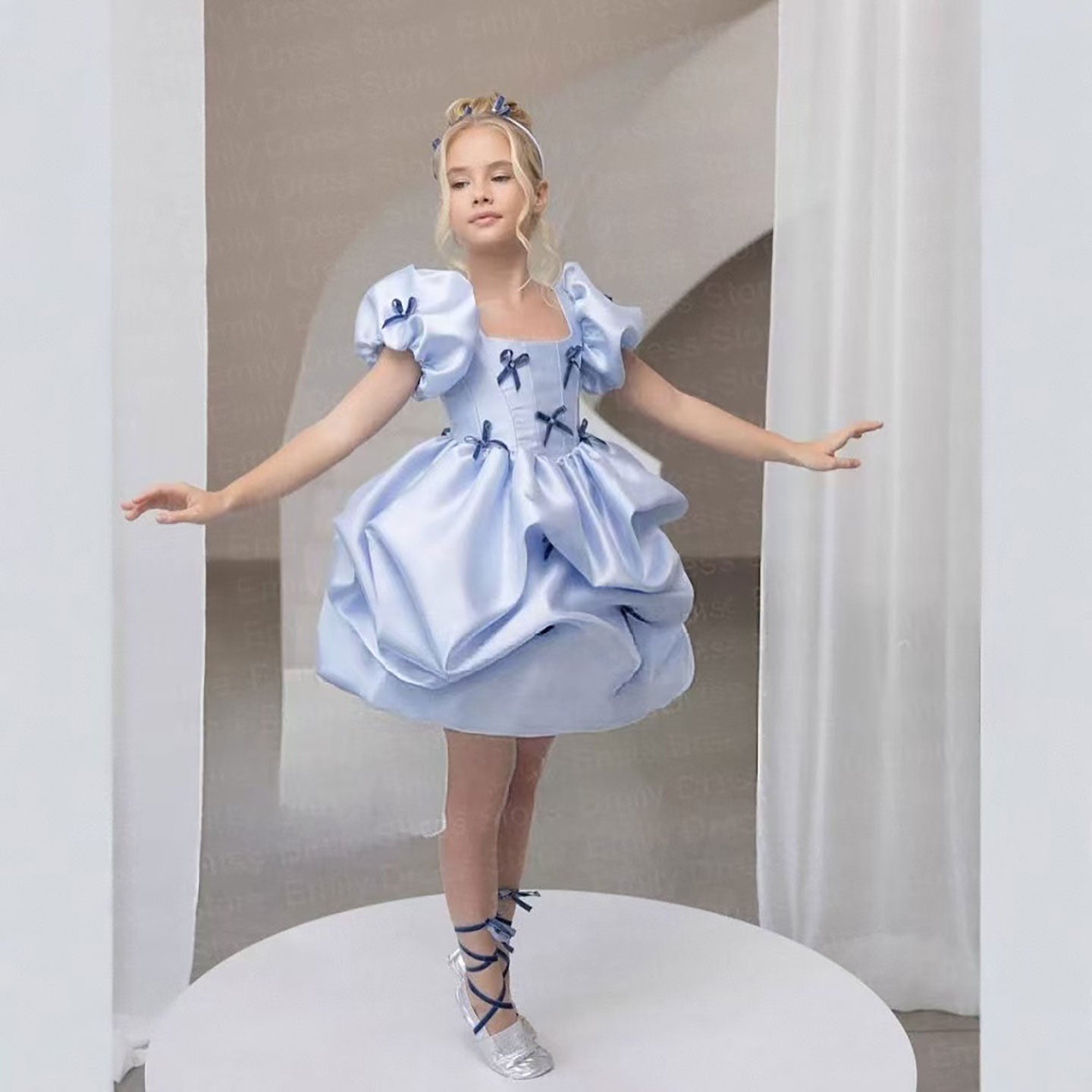 Flower Girl Dress with Satin Bows Matching Accessories D100