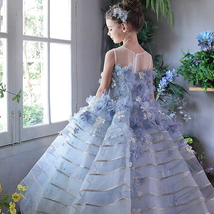 Dreamy Blue Princess Girl Dress with Floral Appliqués J160