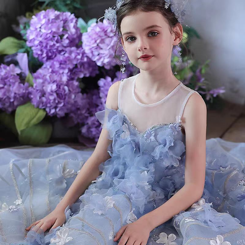 Dreamy Blue Princess Girl Dress with Floral Appliqués J160