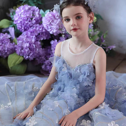 Dreamy Blue Princess Girl Dress with Floral Appliqués J160