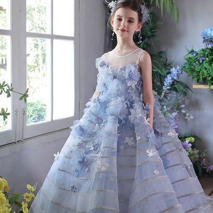 Dreamy Blue Princess Girl Dress with Floral Appliqués J160