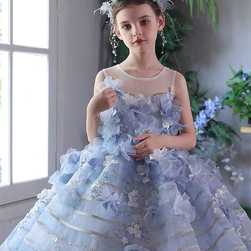 Dreamy Blue Princess Girl Dress with Floral Appliqués J160