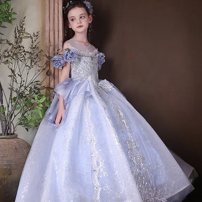 Dreamy Blue Princess Gown with Sparkling Beads for Birthday Girls J200