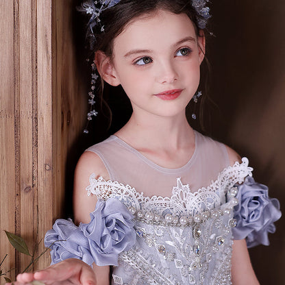 Dreamy Blue Princess Gown with Sparkling Beads for Birthday Girls J200