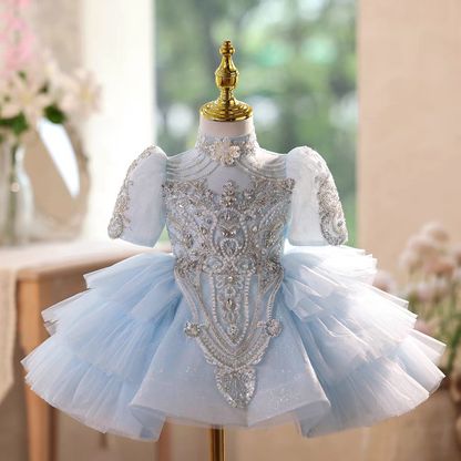 Blue Flower Girl Dress with Beaded Bodice Knee Length J567