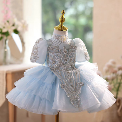 Blue Flower Girl Dress with Beaded Bodice Knee Length J567