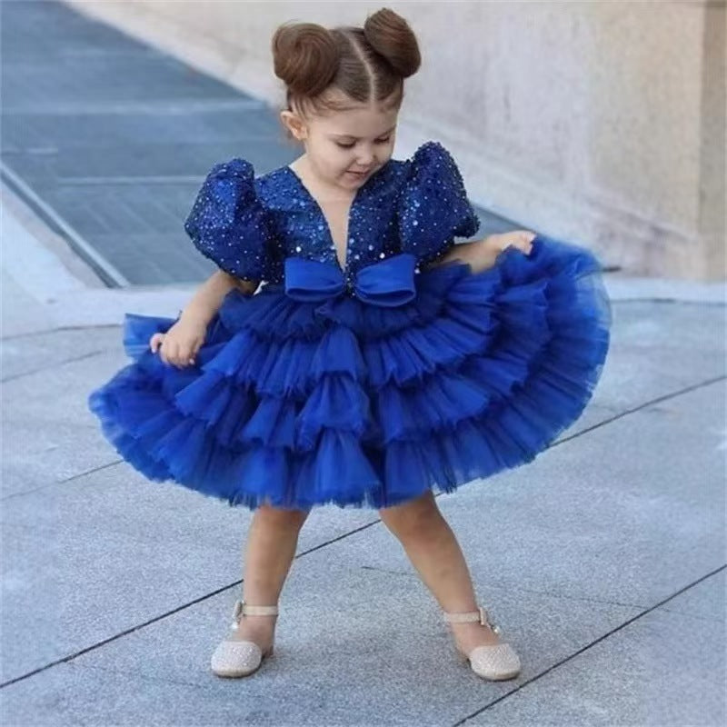 Luxury Royal Blue Flower Girl Dress for Kids Birthday Party Gown D174