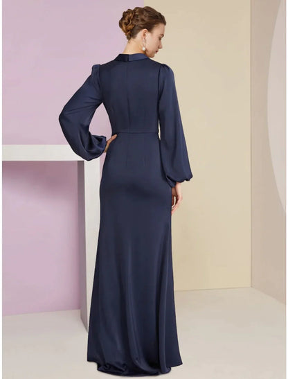 Sheath / Column Mother of the Bride Dress Wedding Guest Elegant V Neck Floor Length Satin Long Sleeve with Split Front Ruching