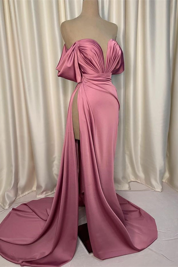 Elegant Pink Prom Dress Charmeuse V Neck With Pleated Slit ED0568